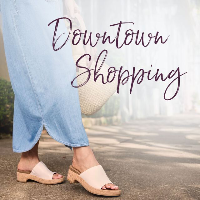 Downtown Shopping. Featuring the Cass sandal in tan.